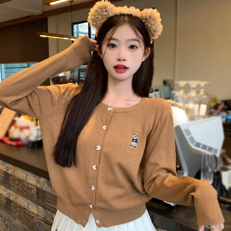 Simple Lazy Style Casual Cardigan Solid Color Round Neck Slim Fashion Retro Korean Version Long Sleeve Spring Autumn Top