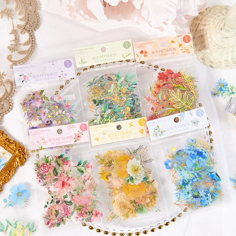 40Pcs/Bag Aesthetic Flower Stickers Pack Fresh Plant Hand Account DIY Material Decorative Stationery Stickers for Party Favors