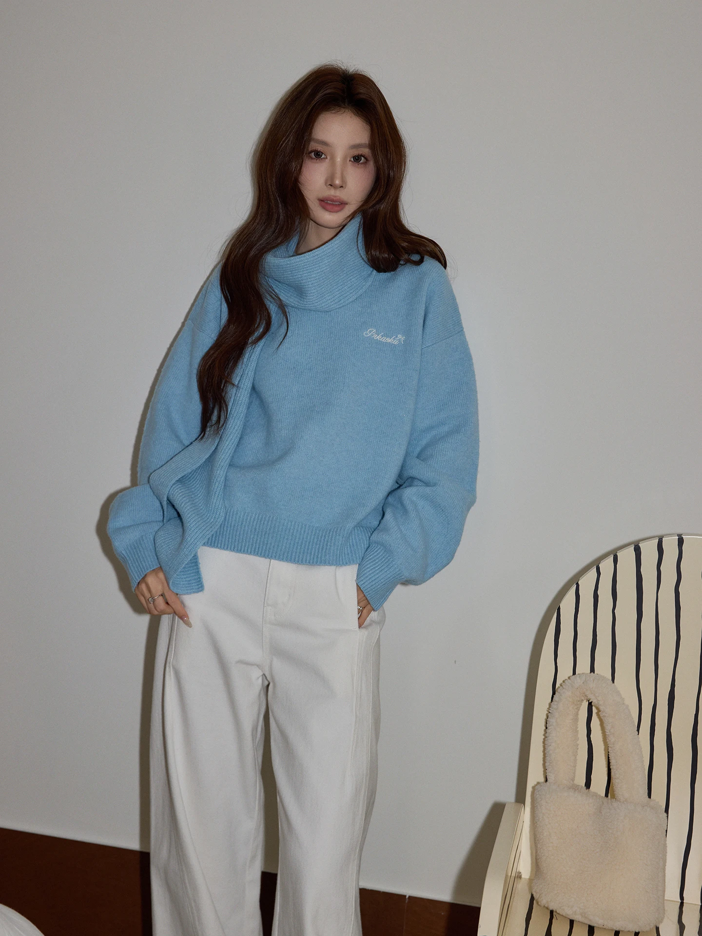 

Синий утепленный вязаный свитер с длинными рукавами и круглым вырезом, повседневный, женский, осенне-зимний, модный, удобный, свободного кроя, топ