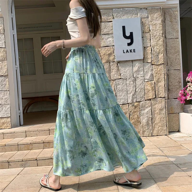 

Green Floral Print Half-length Pleated Skirt Women's Gentle Style Slimming Floral Umbrella Skirt High Waist A-line