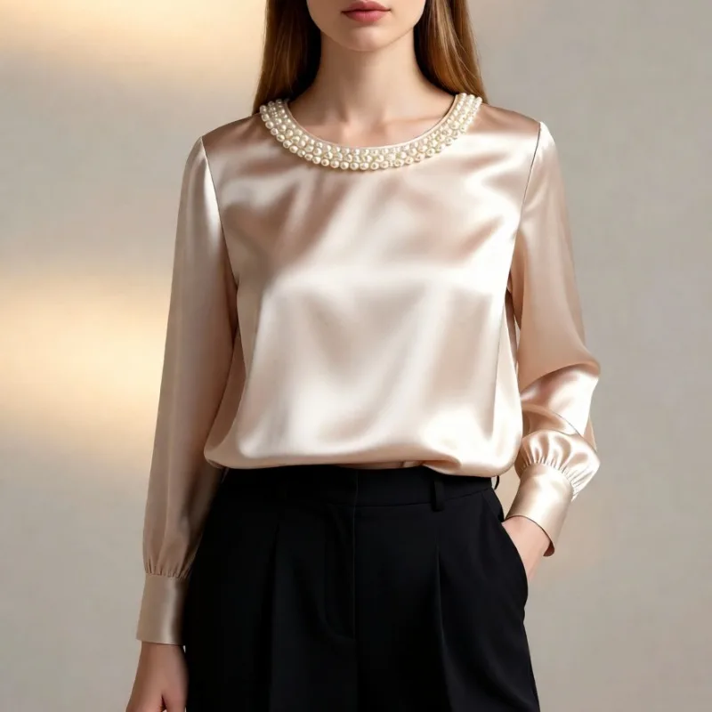 

Elegant Satin Shirt Bead Design Long Sleeve Silk Blouse Women Fashion O Neck Loose Pullover Tops Women Spring Summer