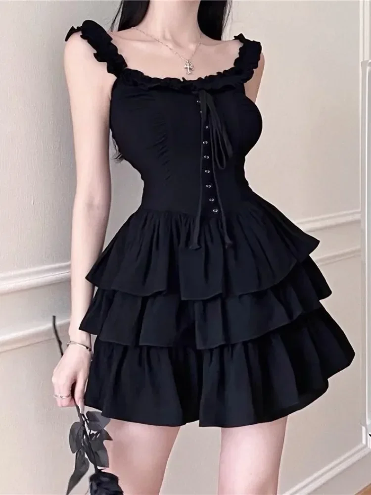 

2023 Gothic Lolita Kawaii Slip Dress Soft Girl Goth Harajuku Off Shoulder Backless Sexy Black Ruffles Party Dresses Y2k