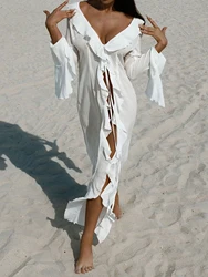 2024 New Sexy Lace Long Sleeve Cardigan Beach Cover Up Women Bikini Cover Up Skirt Long Tunics Beach Dress Lady Summer Beachwear