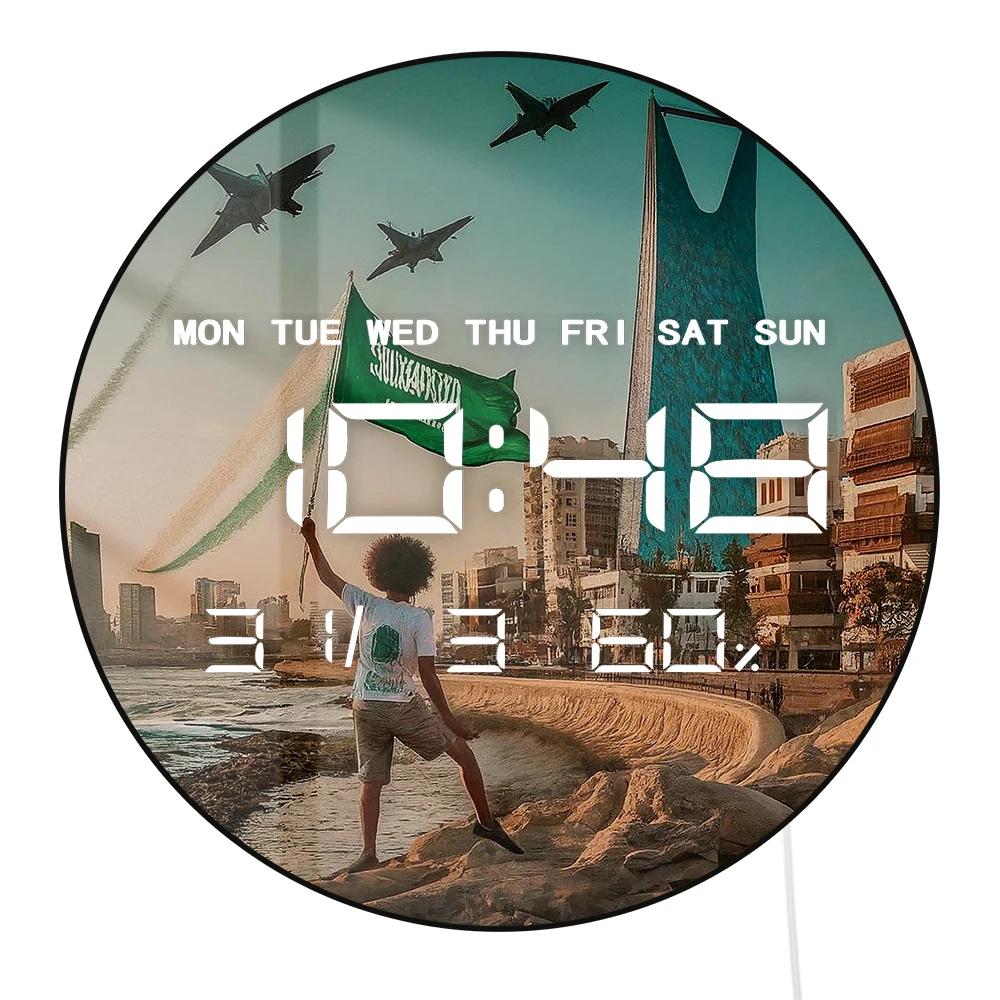 علم المملكة العربية السعودية ساعة حائط بتصميم عصري مع مؤقت وعرض درجة الحرارة وأفق إسلامي لديكور المنزل وساعة إلكترونية