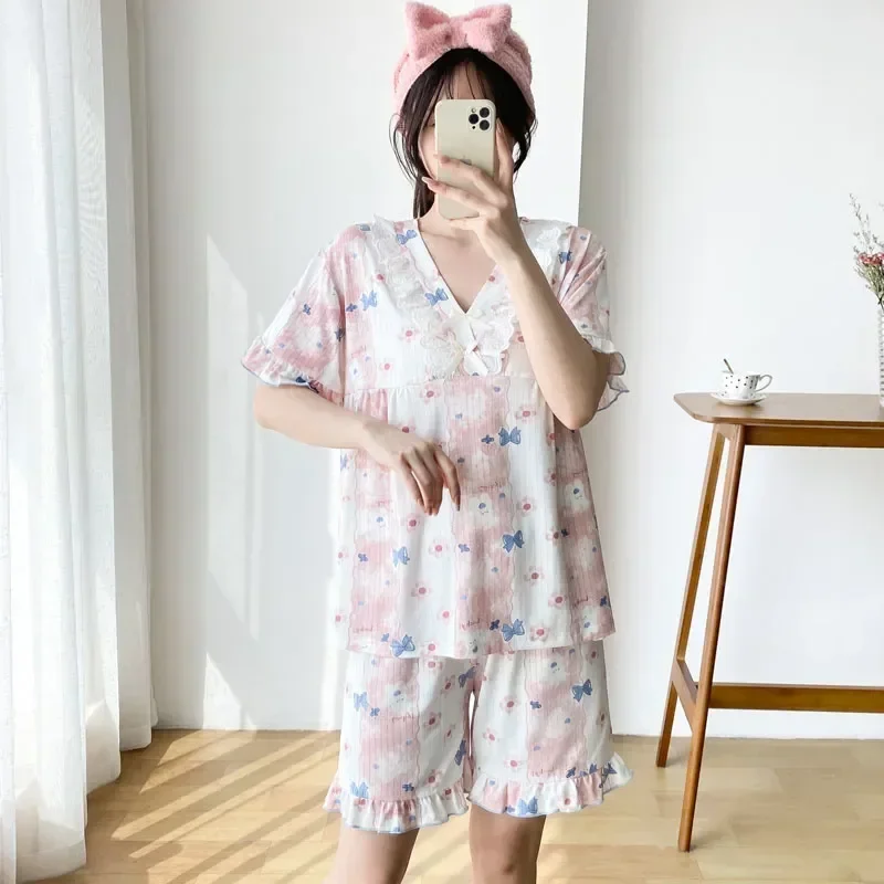 Short Print Sleeve Cherry Ruffle Pajama Breathable Mujer Top+shorts Skin-friendly Size Plus Homewear Set Sleepwear