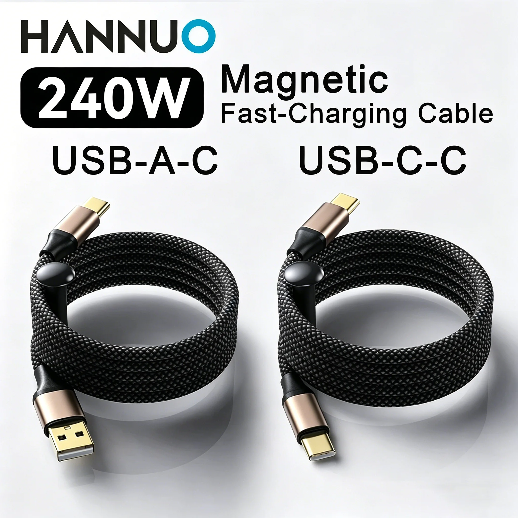HANNUO Magnetic USB C to USB C Cable PD 240W 60W Type-C Cable for MacBook iPhone Smasung iPad Fast Charger Cord USB-A to TYPE C