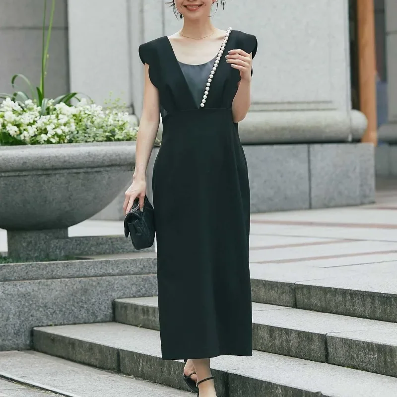 New Autumn Black Wave Edge Pearls Beading Vest Dress Women's Korean Fashion Chic V-Neck Temperament Sleeveless Party Dresses