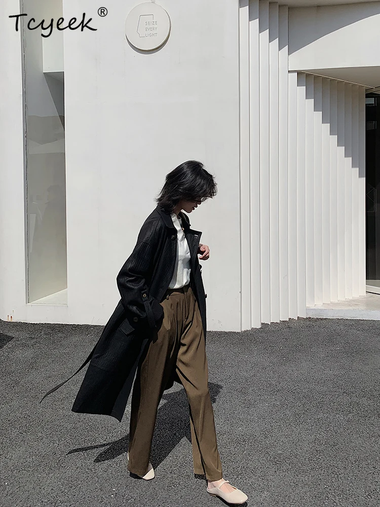 Tcyeek Schaffell Frühling Herbst High-End Trendy Quadratischer Kragen Schwarz Lange Damen Echtlederjacke Ж Ett Diego Diego Diego Diego