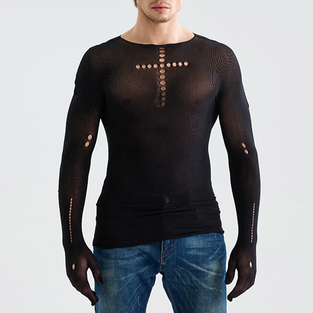 

Мужская сексуальная прозрачная сетчатая футболка с длинным рукавом и круглым вырезом, вечерние топы