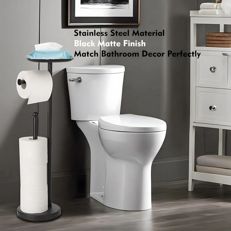 Black Toilet Paper Holder Stand with Shelf, Freestanding Toilet Paper Holder, Heavy Base No Tipping over for Bathroom-ABFB