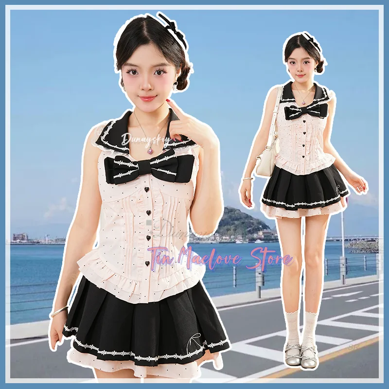 

Платье с высокой талией и бантом, милый сексуальный стиль, японский праздничный костюм для девочек, черная мини-юбка, топ без рукавов и юбка для Хэллоуина Y2k