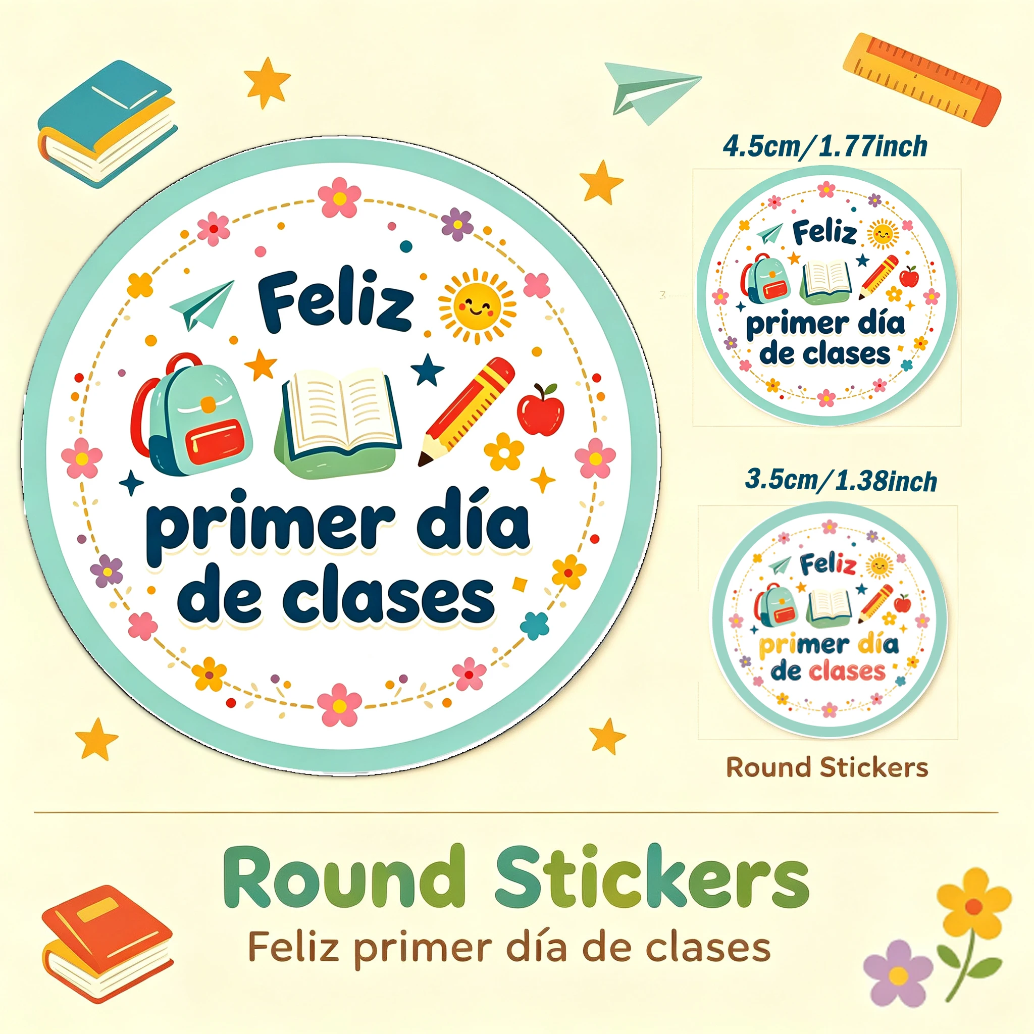 48/72/144Pcs Pegatinas Redondas Feliz Primer Día de Clases, Pegatinas Escolares Españolas para Primer Día Colegio