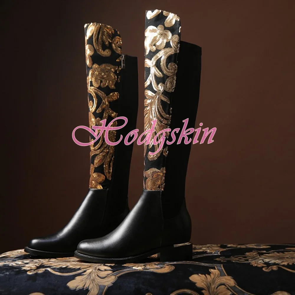 Gold Printed Knee High Boots Round Toe Chunky Med Heels Patchwork Elastic Slip On Women Sexy Shoes Autumn Party Dress Boots New