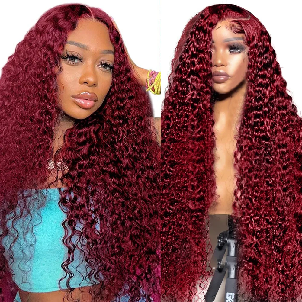 36 Inch 99J Burgundy 13x6 Deep Wave HD Lace Front Wig Human Hair 200 Density Glueless Lace Frontal Wigs Brazilian Hair for Women