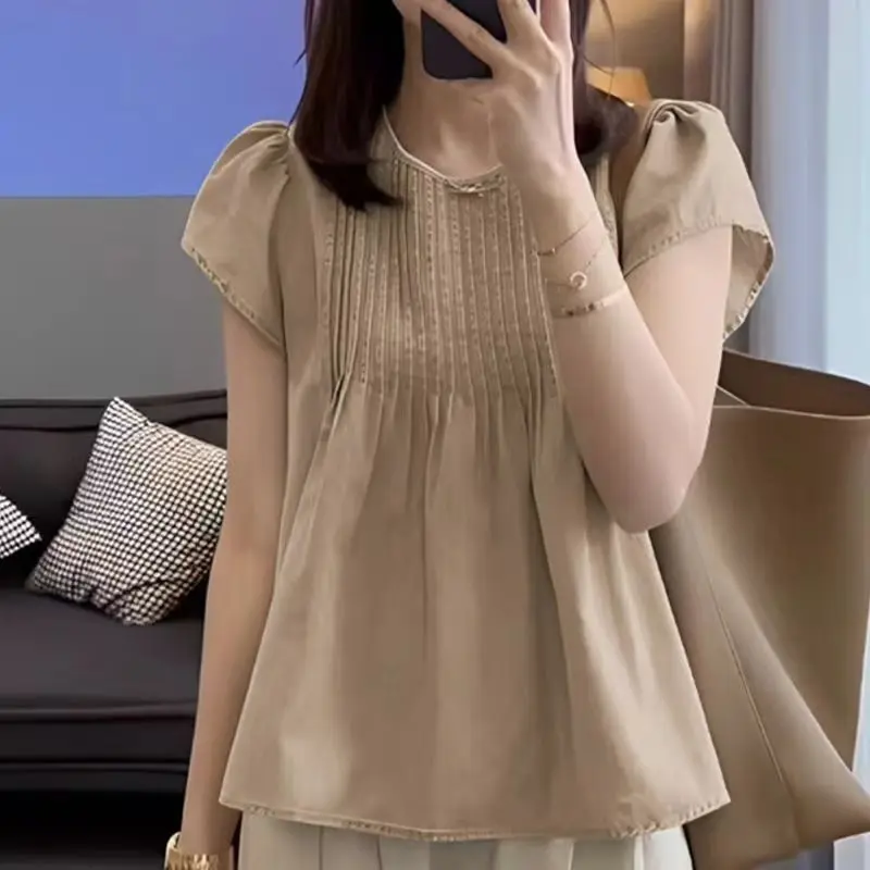 Solid Color Vintage Pullover Women\'s Flying Round Neck Folds Short Sleeve T-shirt Summer Office Lady Clothing Preppy Style Tops