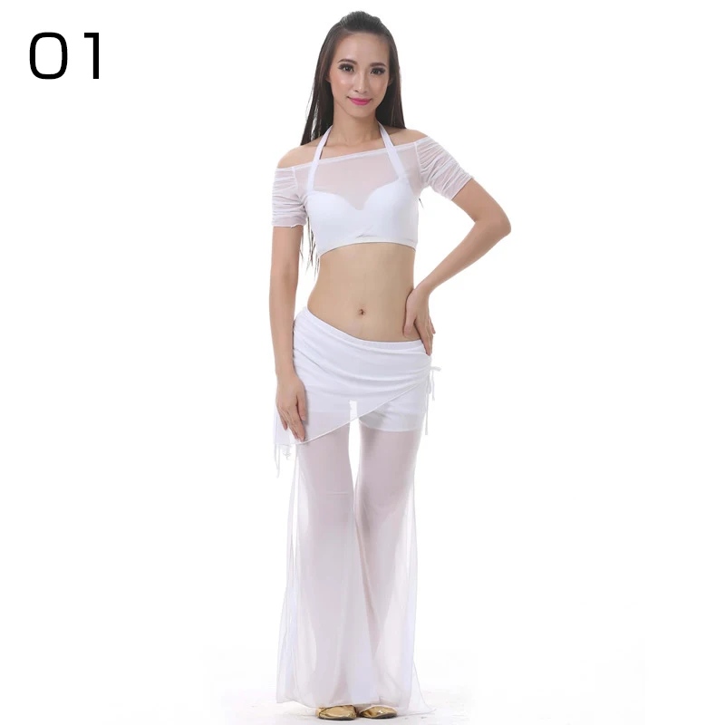 Women Belly Dance Leotards Tops + Split Pants Suit Sexy Transparent Belly Dance Gauze Mesh Tops Lady Belly Dancing Wear Outfit