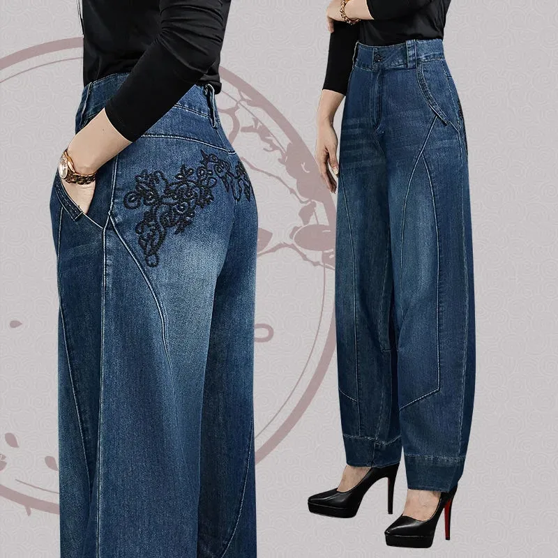 Large Size Loose Women Jeans Autumn Winter High Waisted Casual Embroidery Harun Pants Female Fashion Wide Leg Denim Pants Blue