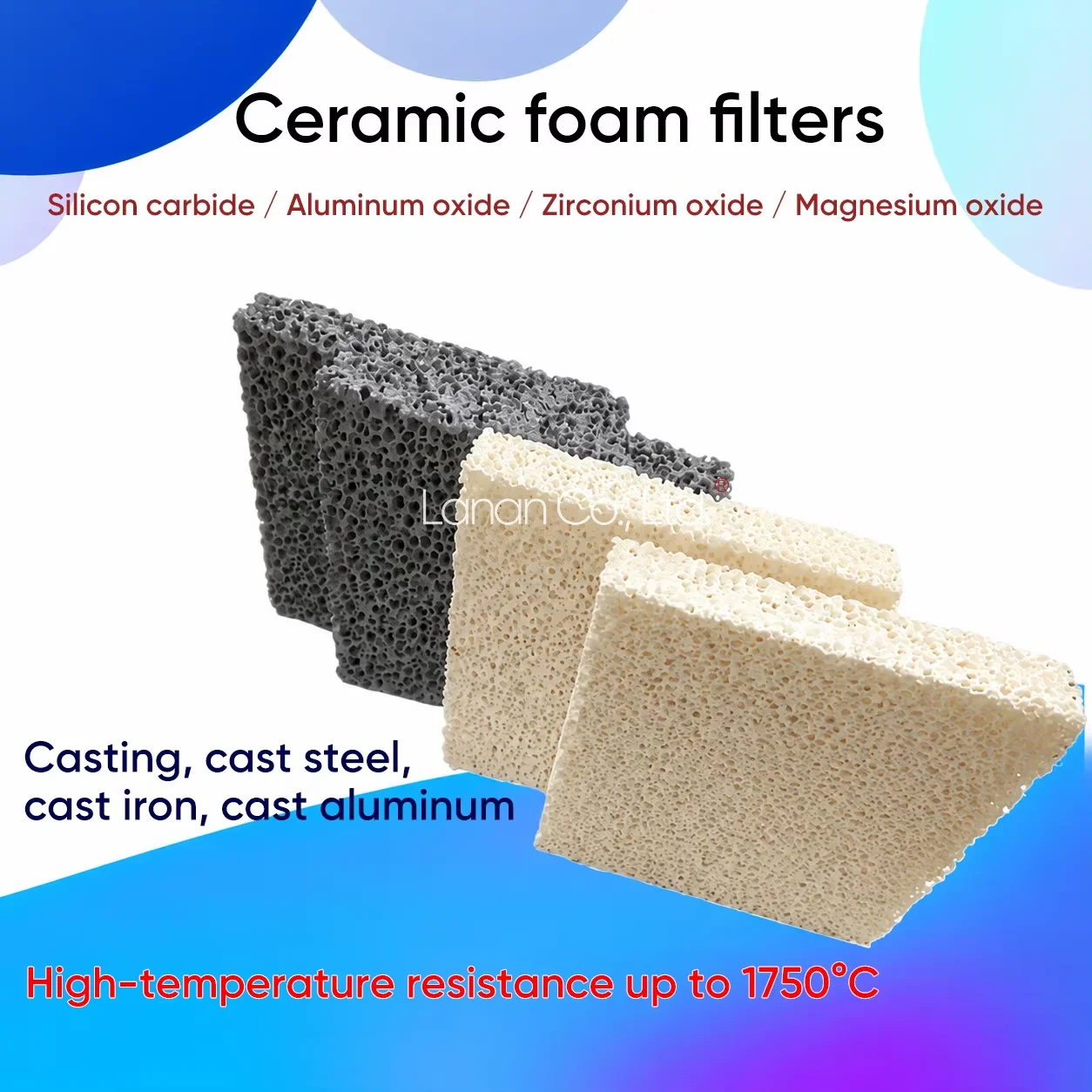 Lanan Cylindrical Alumina Foam Ceramic 30PI Porous Filter, High Temperature Resistant