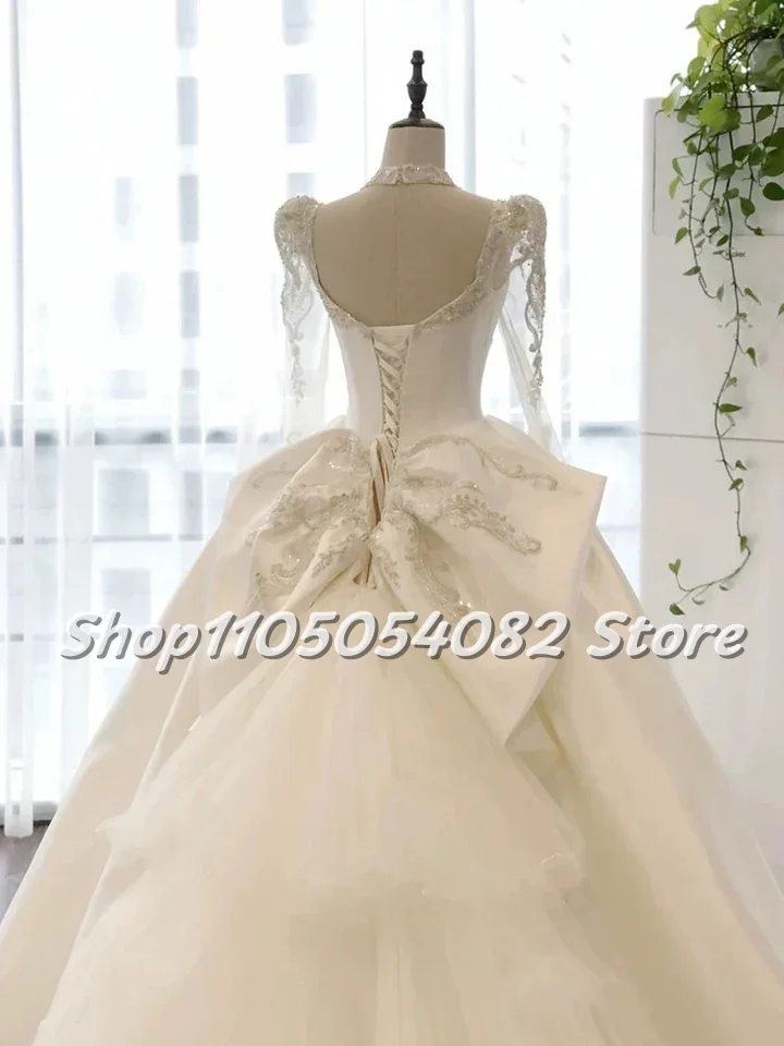 Vestido de novia Vintage elegante de lujo personalizado, encaje de lentejuelas con cuentas, adornado, mangas largas, corte en A, tren, boda sin espalda, 2025
