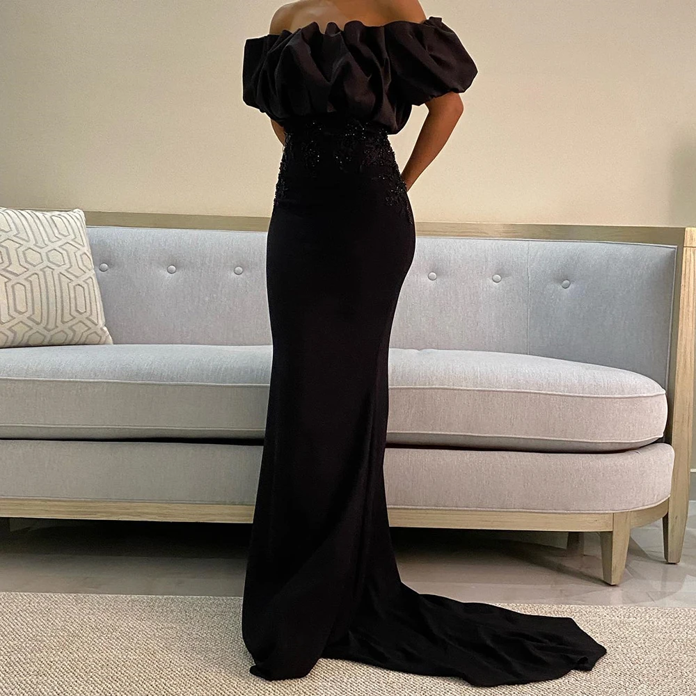 Customized Jersey Straight Off the Shoulder Crystal Evening Dress Boat Neck Floor Length Half Sleeves Panel Train Delicate