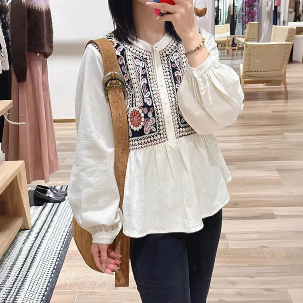 Floral bordado boho camisa feminina primavera outono tripulação pescoço retalhos designer camisas vintage topos senhora blusas elegantes 2026