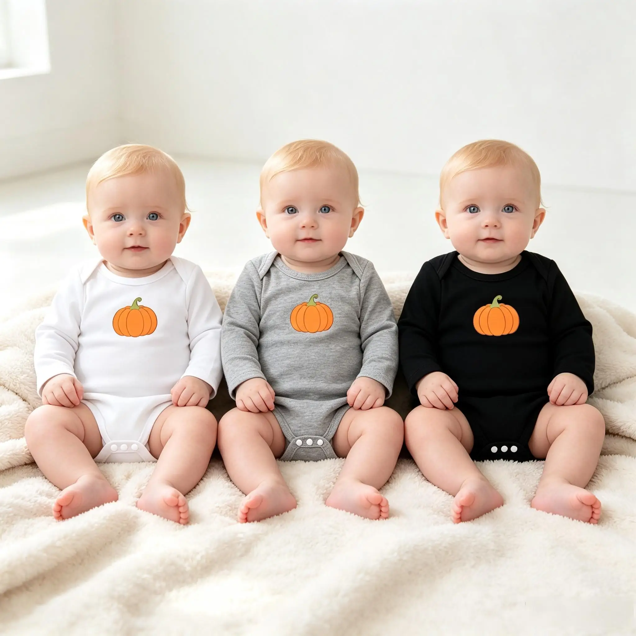 Baby Long‑Sleeve Bodysuit Pumpkin Print Romper Round Neck Snap Crotch Onesie, Fall Halloween Daily Home Wear For 0‑12M Infant
