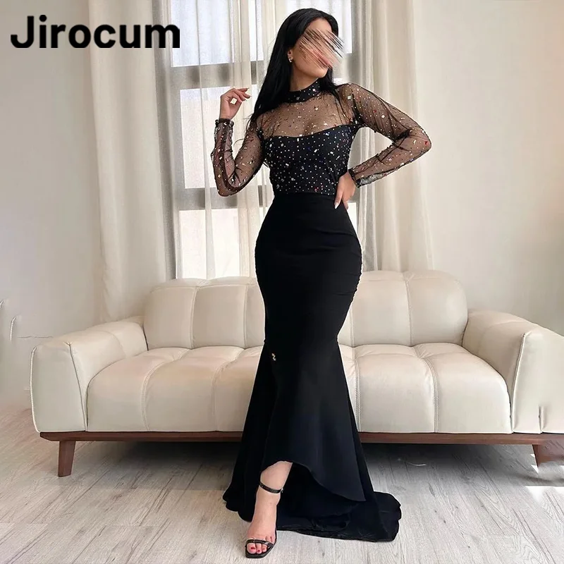 

Jirocum Black Mermaid Prom Dress Women's Colorful Beaded Tulle Long Sleeve Party Evening Gown Ankle Length Formal Occasion Gowns