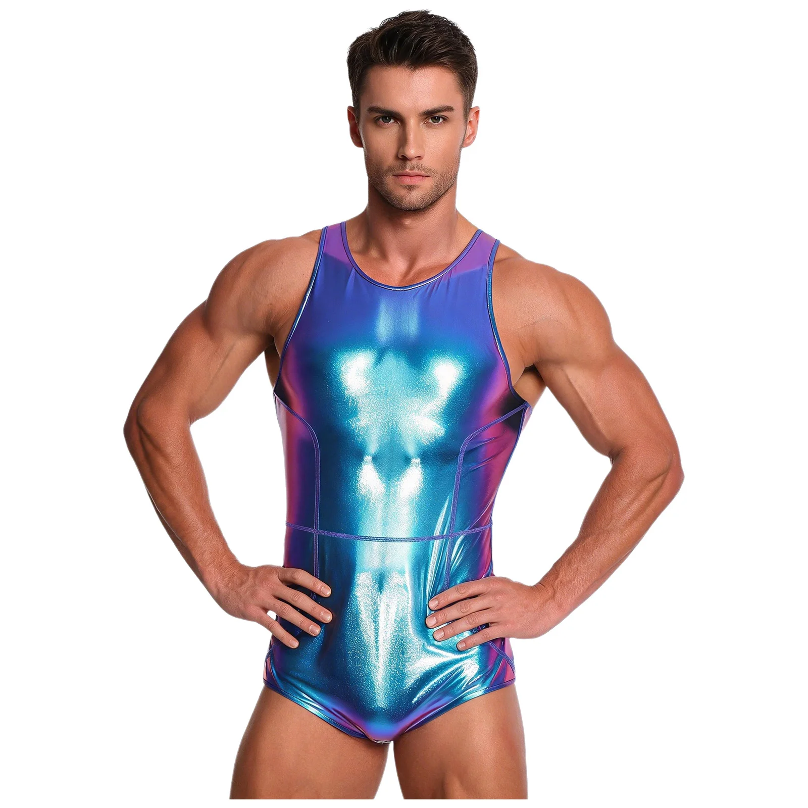 Herren-Badeanzug mit metallischem Glanz, Rundhalsausschnitt, ärmellos, einteiliger Badeanzug, Shorts, Reißverschluss hinten, Badeanzug, Clubwear – Detail 12