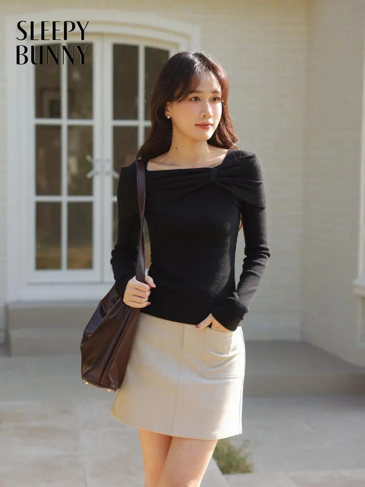 

Elegant Off Shoulder Knit Top Women Slim Fit Stretch Sweater Long Sleeve Pullover with Bow Detail for Autumn Winter Casual Wear