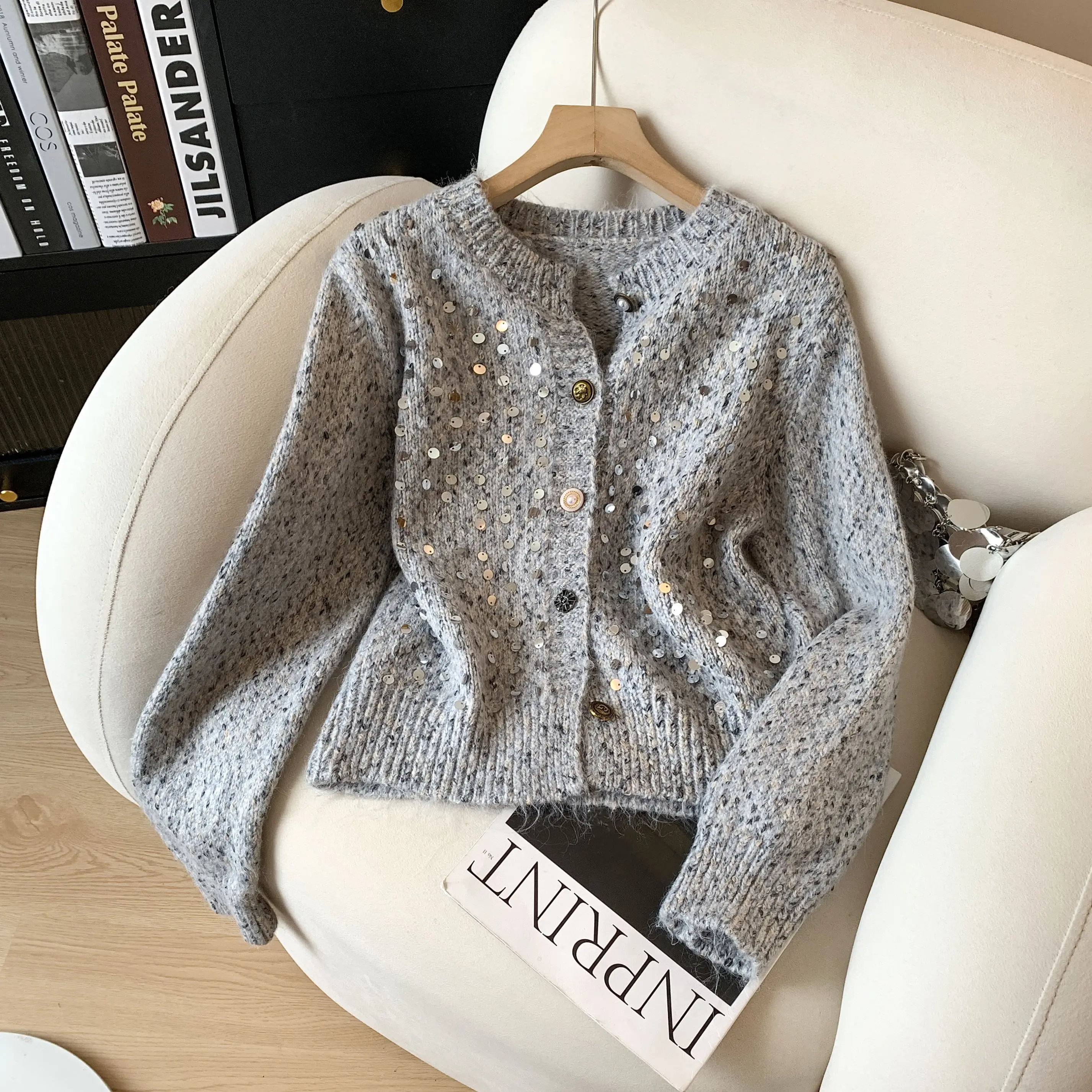 

Усовершенствованный тяжелый пиджак-кардиган с блестками для женщин, осень-зима 202, новый однобортный вязаный кардиган