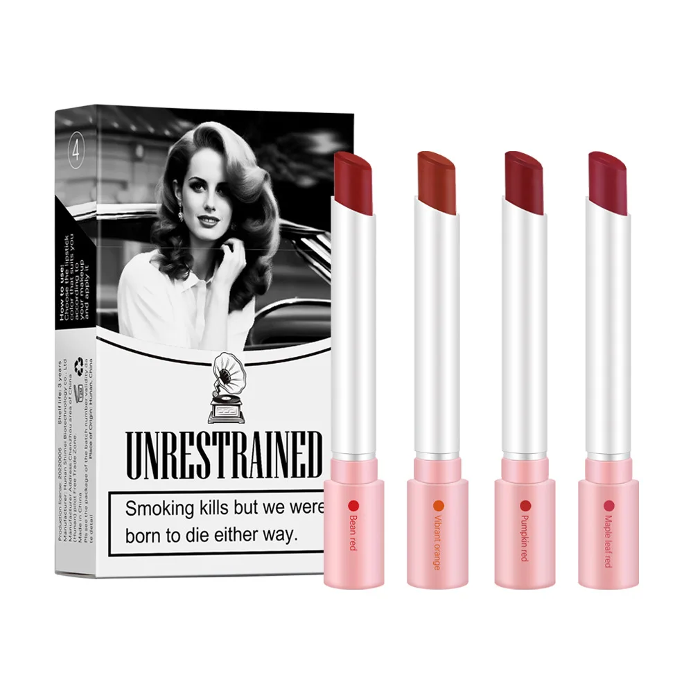 Kit de lápiz labial tabaco, brillo de labios mate, esmalte de labios largo, tubo de lápiz labial resistente al agua, cosméticos de brillo de labios desnudo, cuatro colores.