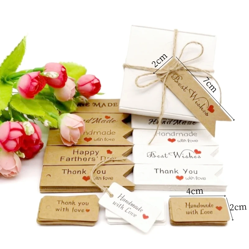 100TAG+20M string 7X2/4X2 cm white kraft paper handmade hang card
