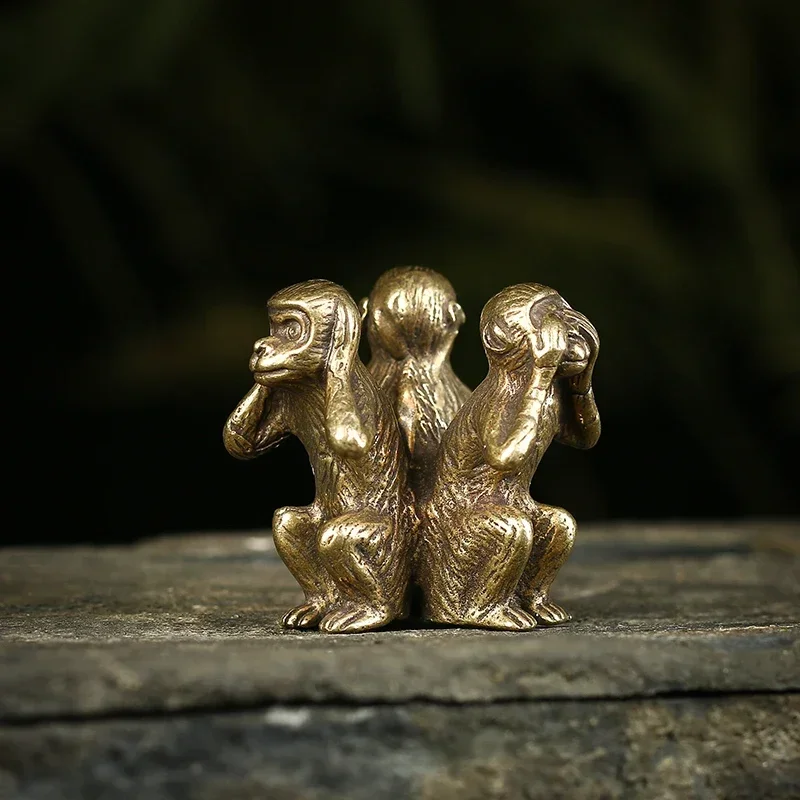 Solid Brass Three Monkey Tea Pets,Copper Sculpture,Desk Decoration Kawaii Accessories Vintage Home Decor,Fairy Garden Miniatures
