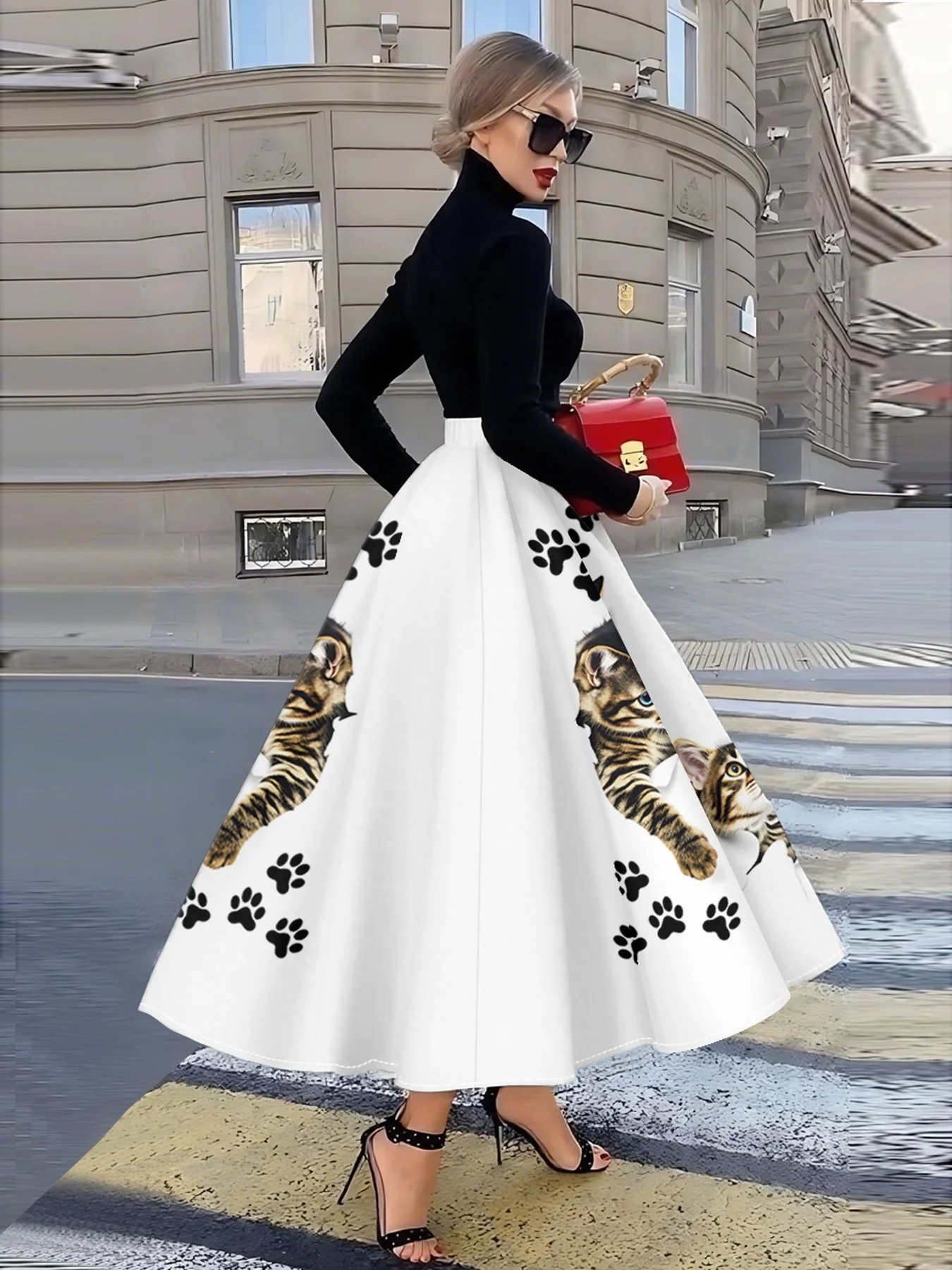 Women's Elegant A-Line Midi Skirt with Cat Paw Print Design White Background Trendy Casual Office Wear Spring Summer 2024