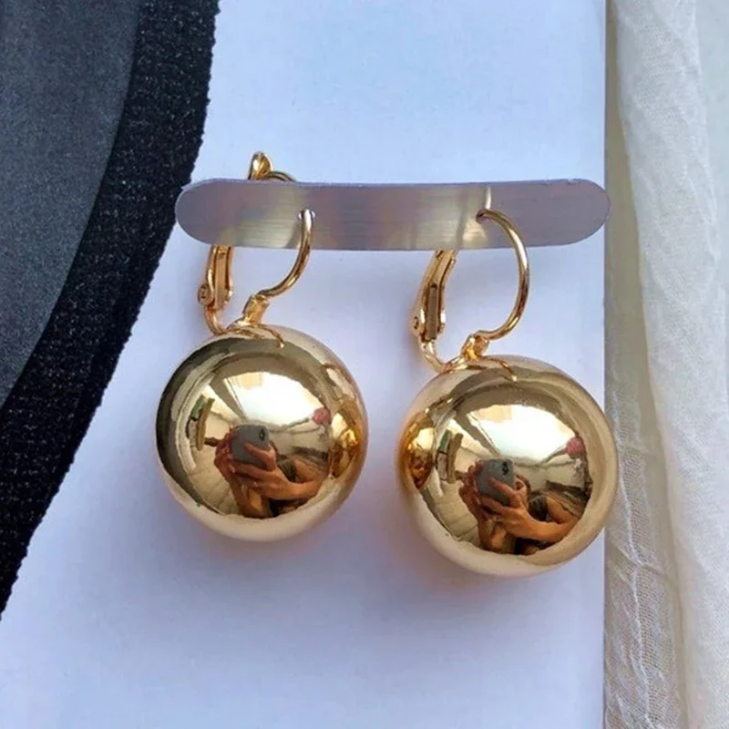 Huitan Simple Metallic Style Drop Earrings for Women Versatile Fashion Smooth Ball-Shape Pendant Jewelry Accessories for Female