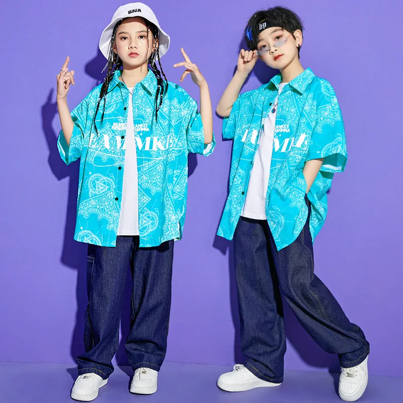 Kid Kpop Hip Hop Clothing Blue Print Short Sleeve Shirt Streetwear Denim Jeans Baggy Pants for Girl Boy Dance Costume Clothes