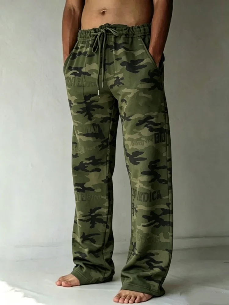 Mens Elastic Drawstring Waist All Over Camo Printed Wide Straight Floor Drag Loose Daily Hip Hop Casual Pants