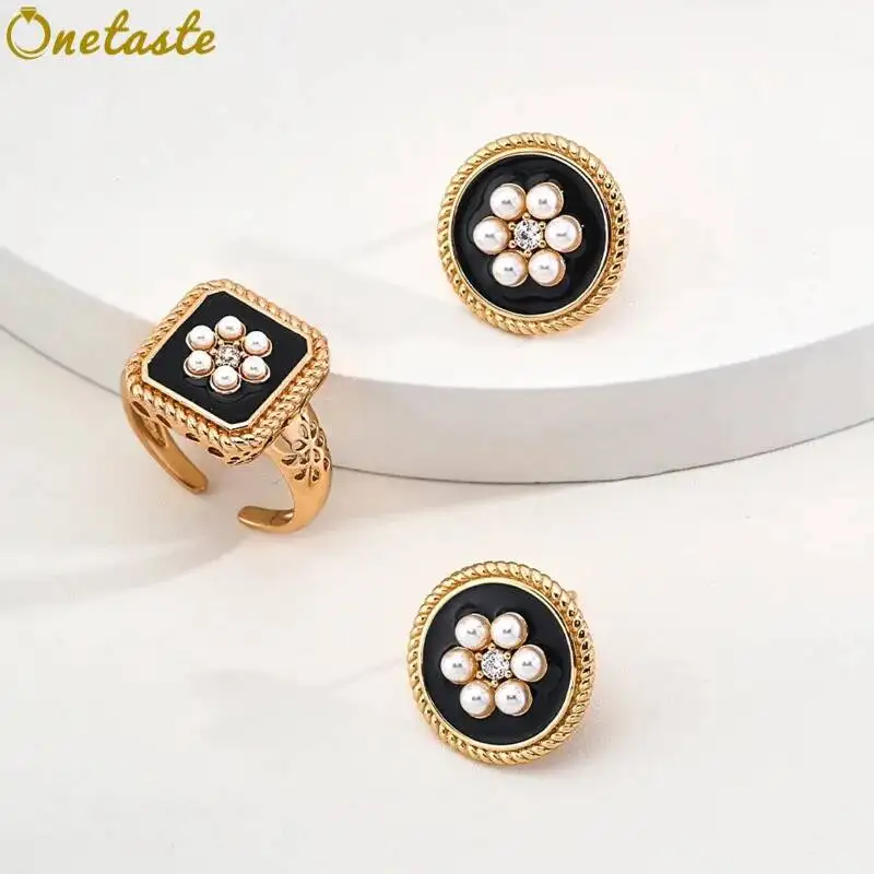 925 Silver Pearl CZ Black Resin Geometric Jewelry Set With Round Stud Earrings And Square Open Ring For Women Dainty Trendy Gift