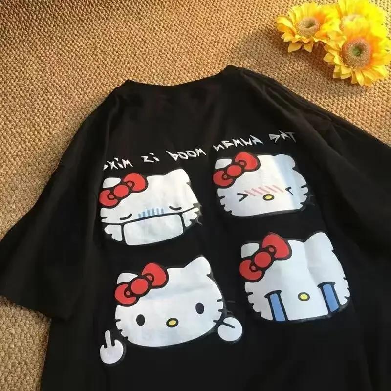 Korean Casual Women T-shirt Vintage Casual Hello Kitty Print Unisex T-shirt Student Couple Short Sleeve Summer T-shirt Goth Tops