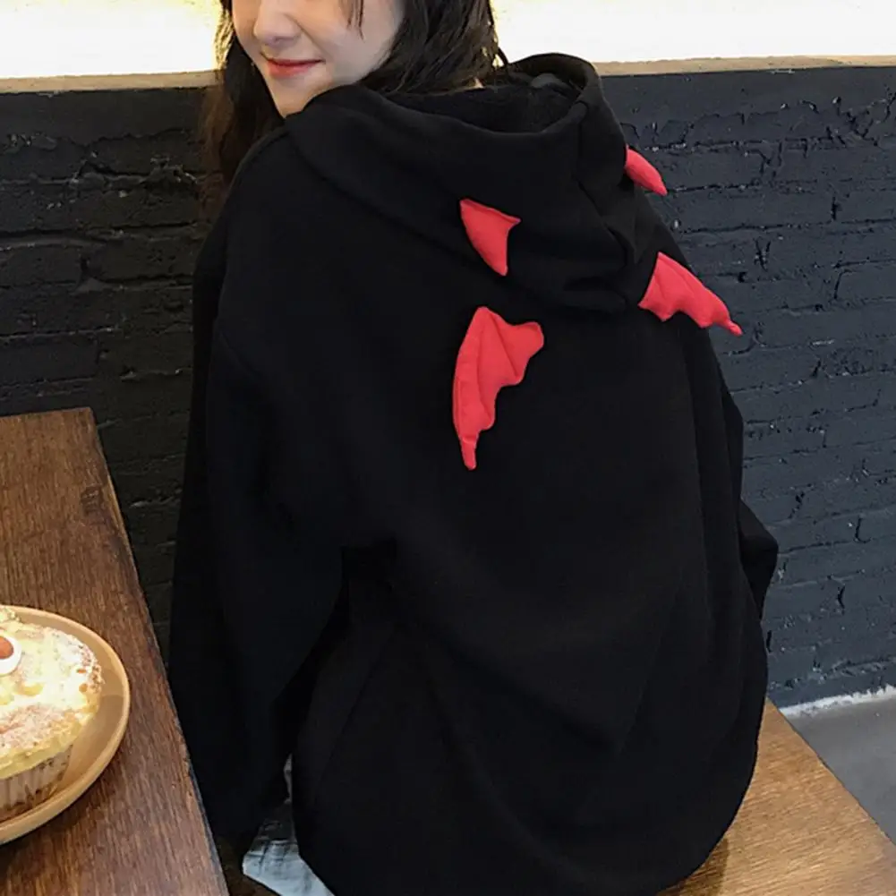 Weather Coat Hoodie Coat Hooded Sweatshirt with Little Devil Horns Demon Fly Wings for Women Loose Fit Pullover with Pocket