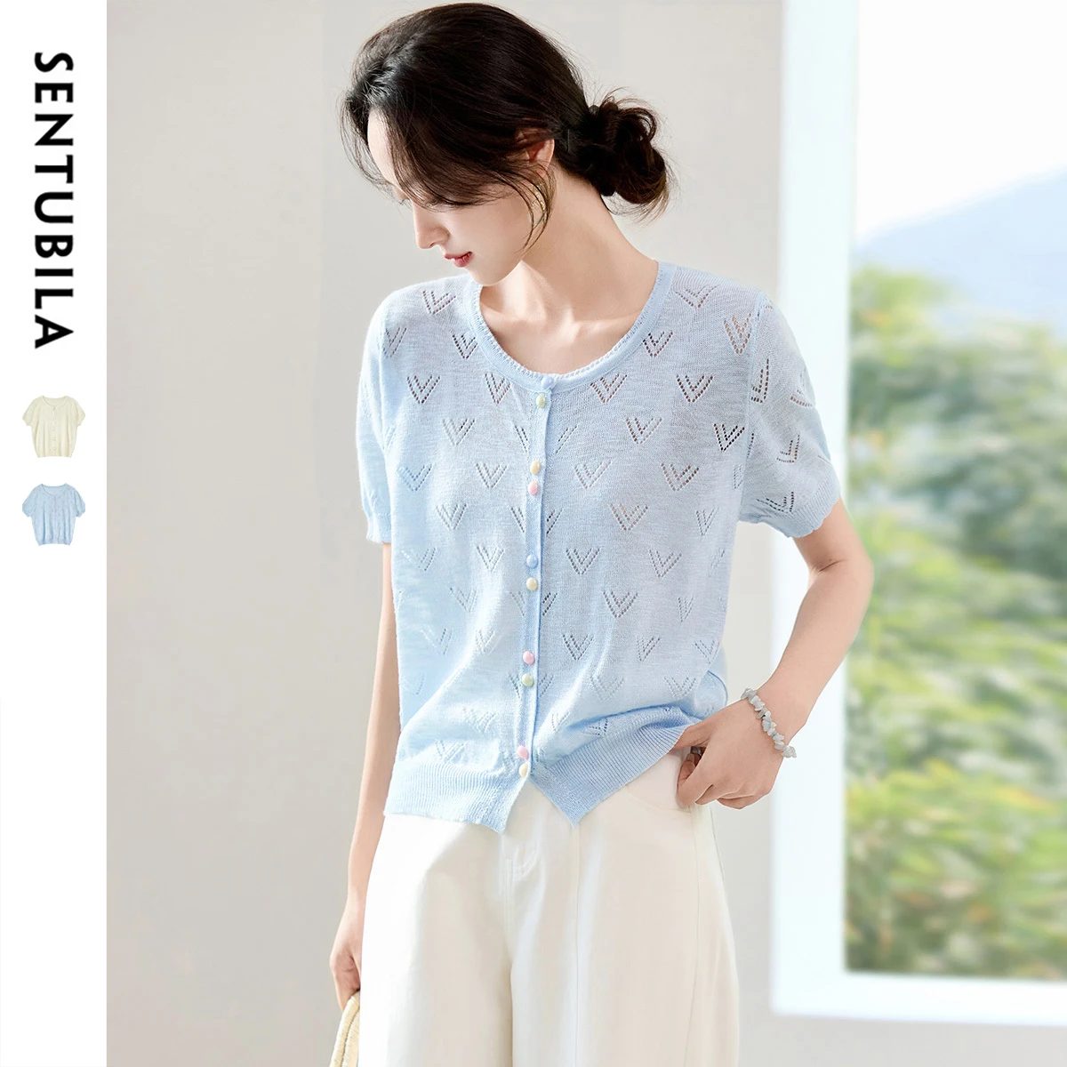 

SENTUBILA Women's Summer Cardigan Short Sleeve Knit Top 2025 New Hollow Out Collection Knitwear Sweater Woman Clothing W52HB1983