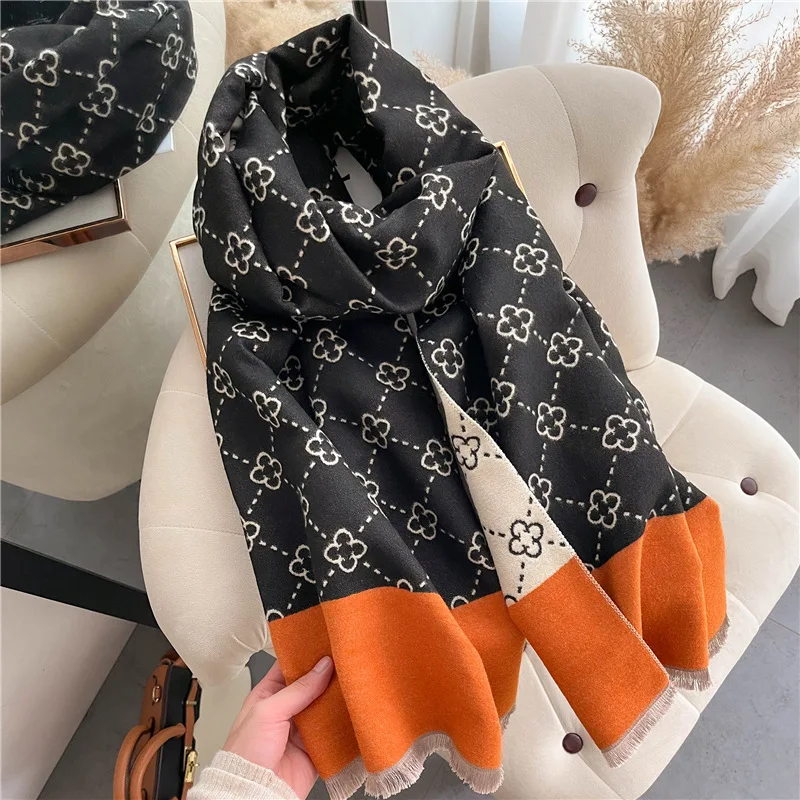 Fashion Elegant Flowers Acrylic Cashmere Scarf Long Shawl Double Sides Winter Neckerchief Women Spring Summer Cape Wraps