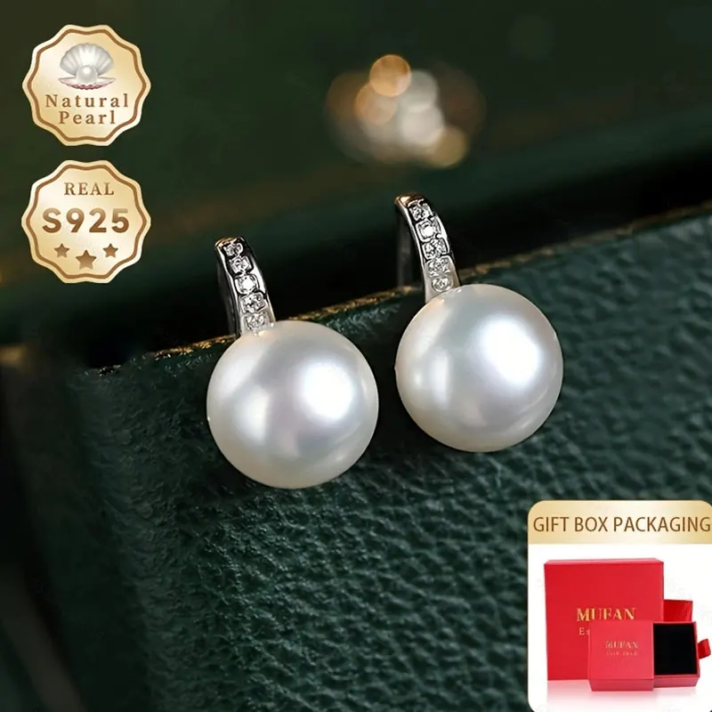 

Mufan Jewelry Fashion Dangle Earrings Gift Box Set 8-9mm Silver Plump Pearl Shiny Natural Freshwater Pearl Women's Earrings