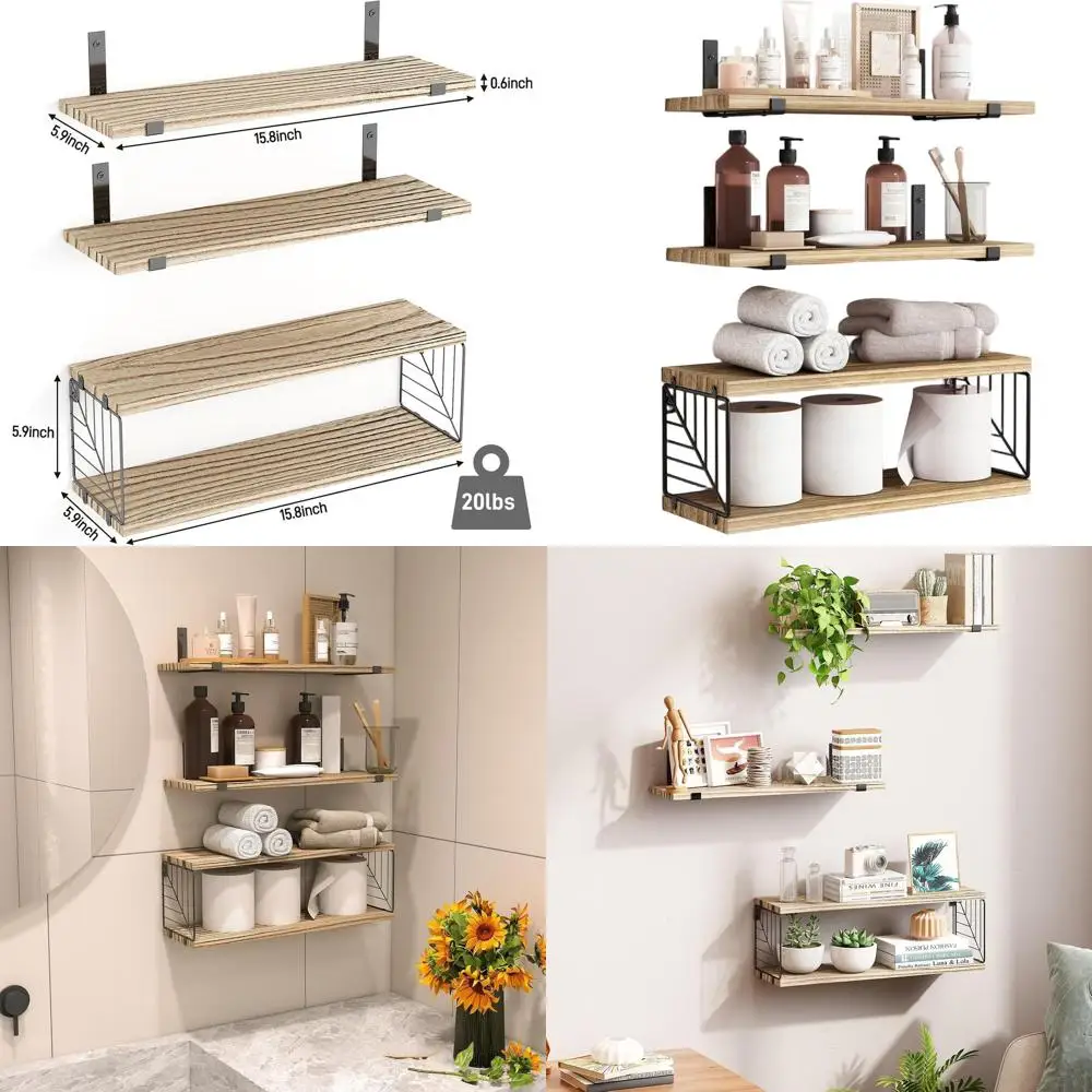 

Over Toilet 3+1 Tier Floating Shelves, 15.8 Rustic Farmhouse Style, Wall Decor for Various Rooms in Brown