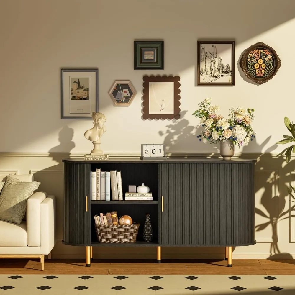 収納付きサイドボードビュッフェキャビネット、タンブールスライドドアと調節可能な棚付き、アクセントコーヒーバーコンソールテーブル