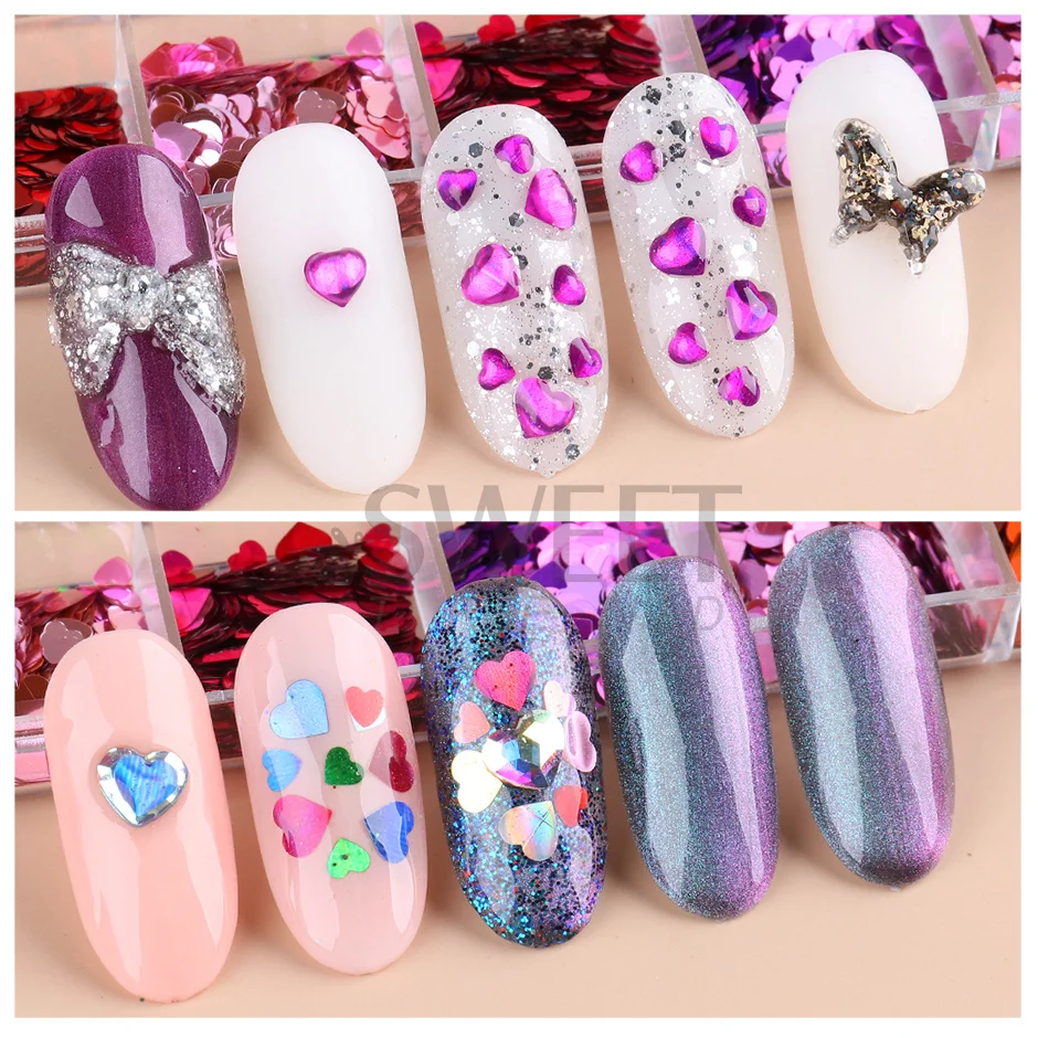 12 griglie olografiche Sweet Love Heart Nail Flakes irrigazione Laser Mix Glitter paillettes Nail Art Paillette Valentine Decor Tips