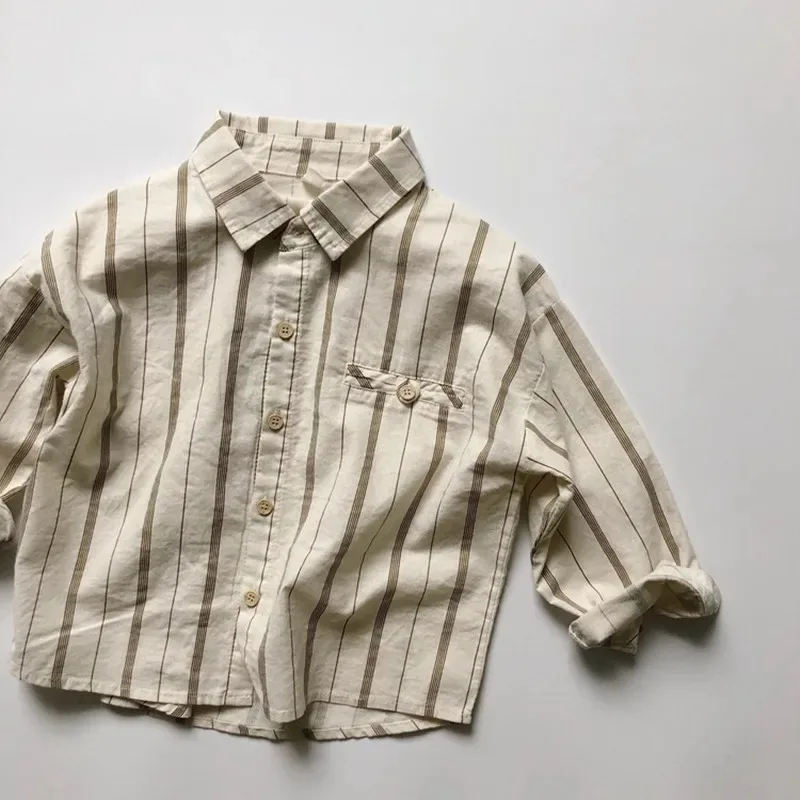 

2025 Spring Baby Boys Cotton Linen Shirts Korean Style Striped Kids Casual Tops Cardigan Children Clothes