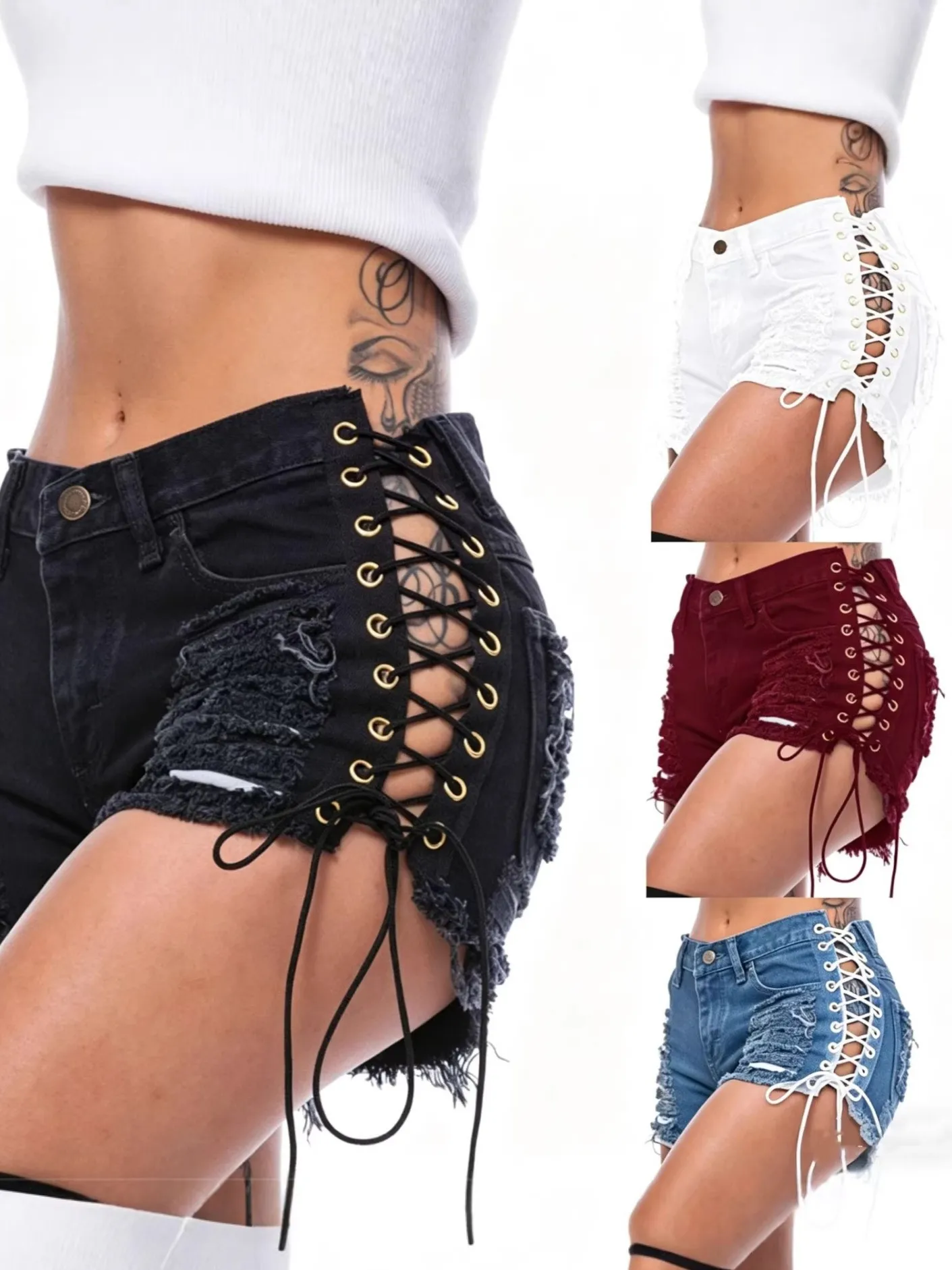 

Cotton Denim Shorts Low Waist Distressed Ripped Jeans Shorts Frayed Hem Short Pants Blue Mini Length White Shorts with Lace Up