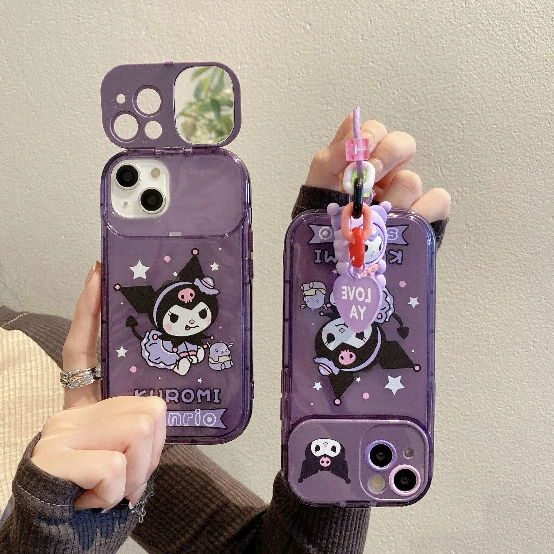 Sanrio Cinnamoroll Kuromi Makeup Mirror Film Holder Phone Case For iPhone 15 14 13 12 11 Pro Max X XS XR 6 7 8 Plus 6S SE Cover