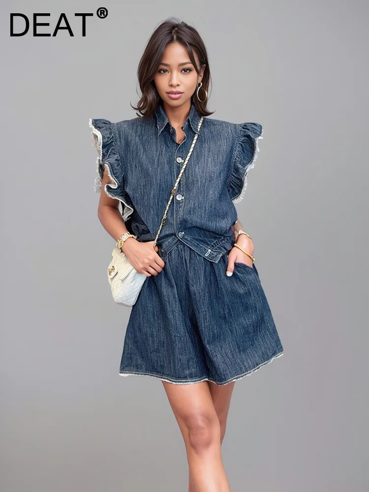 

DEAT Fashion New Women Suits Lapel Buttons Sleeveless Drawstring Denim Tops Elastic Waist Shorts Set Female 2024 Summer 29L7738